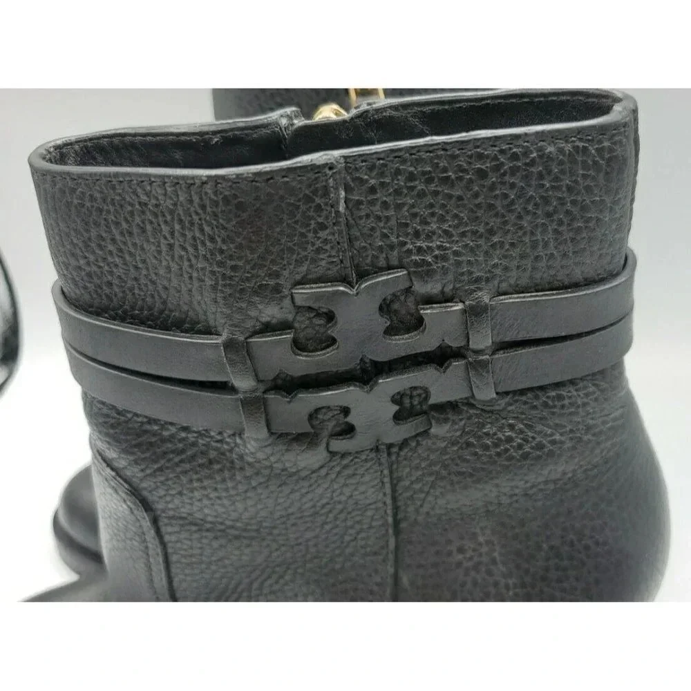 Tory Burch Leigh Black Leather Lug Sole With Logo Boots River Rock SZ 7.5   NWOB